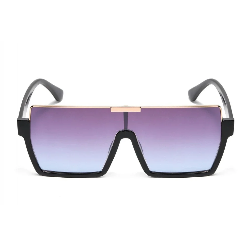 Oversized Square Shield Sunglasses Black Flat Top Blue Gradient Lens Women Fancy
